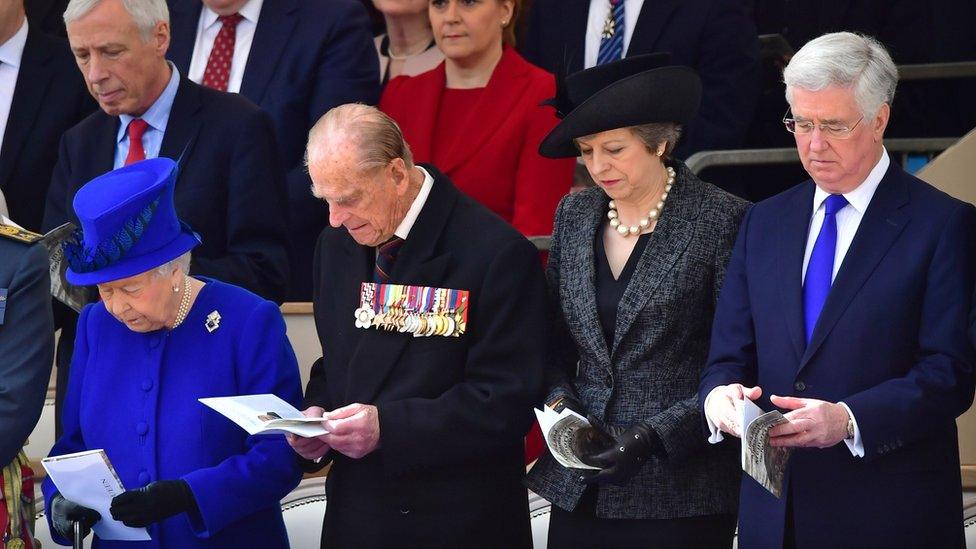 The Queen, Prince Philip, Theresa May and Michael Fallon