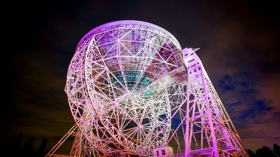 Lovell Telescope lit for Bluedot Festival 2018