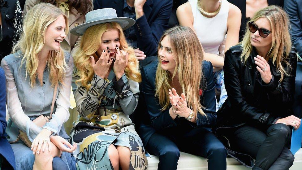 Poppy Delevingne, Paloma Faith, Cara Delevingne (Poppy's sister) and Kate Moss at London Fashion Week