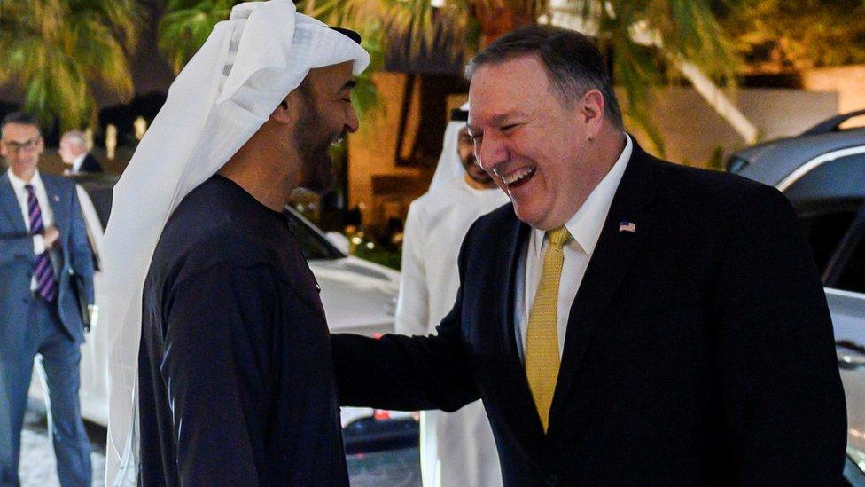 Abu Dhabi's Crown Prince Mohammed bin Zayed Al-Nahyan welcomes Secretary of State Mike Pompeo at Al-Shati Palace in Abu Dhabi, United Arab Emirates, January 12, 2019