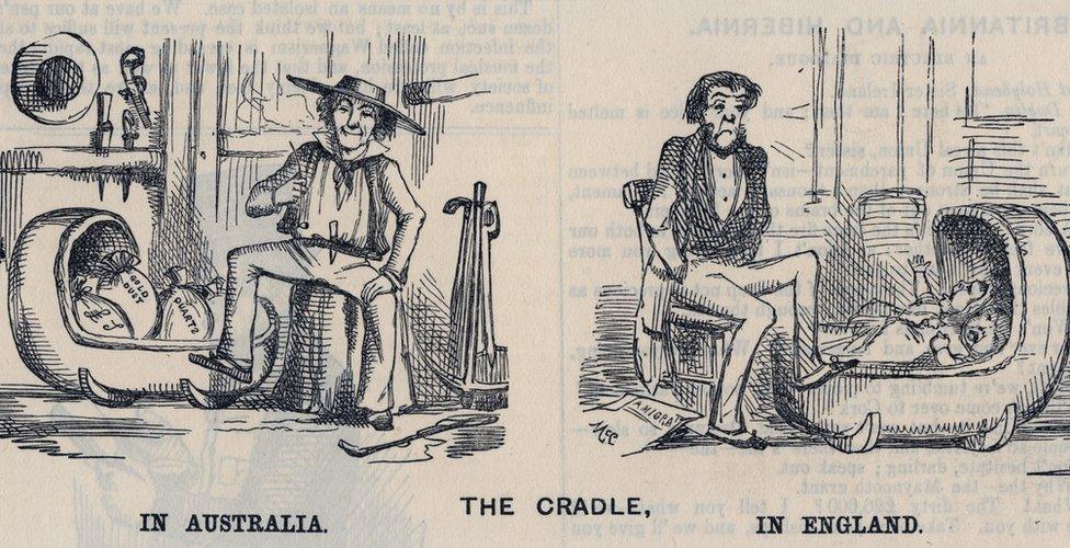 Cradling in Australia and in England, 1852 Australian Gold Rush, 1852: Cradling in Australia and in England. Cartoon from ''Punch''. (Photo by: Universal History Archive/UIG via Getty Images)