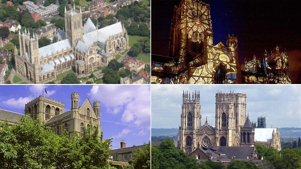 Cathedrals in the final - clockwise from top left - Lincoln, Durham, York and Bristol