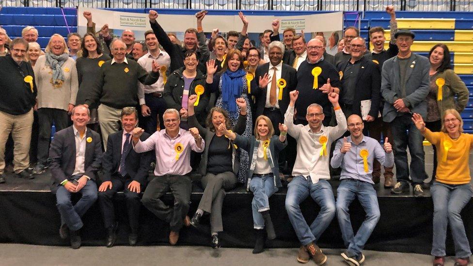 The Liberal Democrats celebrate winning control of Bath and North East Somerset Council from the Conservatives.