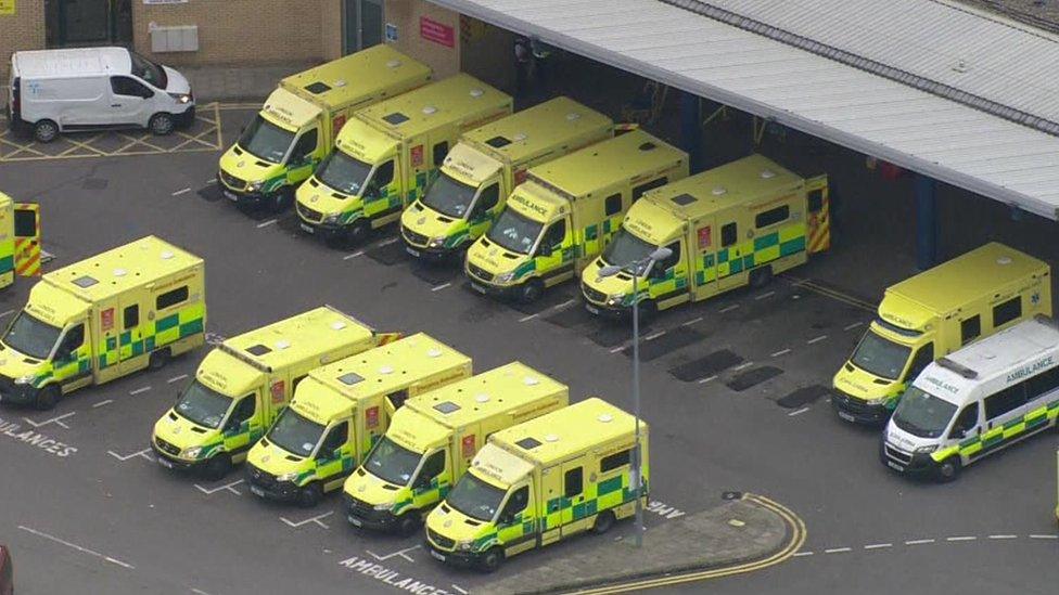 Ambulances outside Queen's Hospital in Romford, Essex