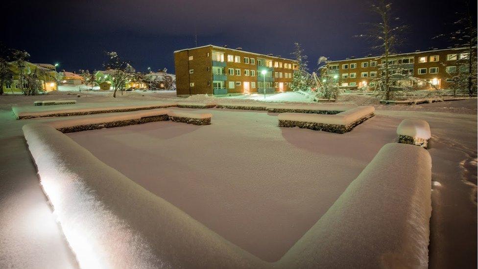 Snow-covered foundations of a building