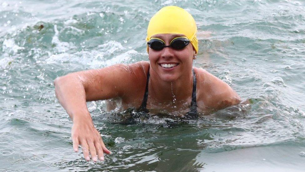 Endurance swimmer Chloe McCardel sets off from Abbotts Cliff beach near Folkestone as she embarks on a record-breaking swimming attempt across the English Channel.