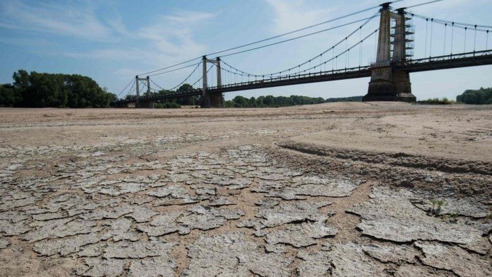 Dry part of the bed of the River Loire at Montjean-sur-Loire, western France