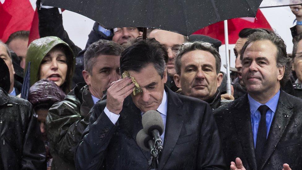 Francois Fillon delivers a speech to thousands of supporters at the Place du Trocadero in Paris, 5 March 2017