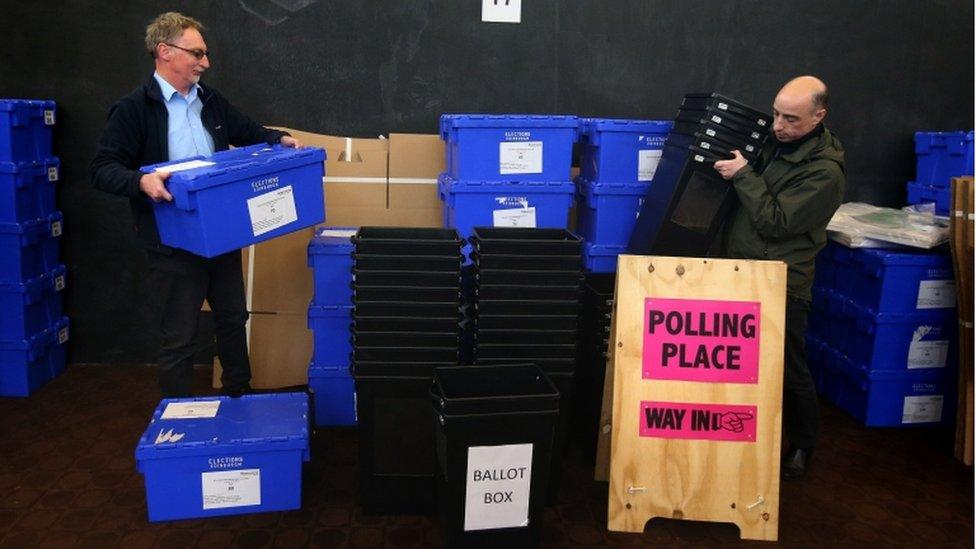 Ballot boxes to be used for voting in the Scottish Parliament Election are checked by Edinburgh Council officials Roy Drury (left) and George Gaunt, before being picked up for delivery