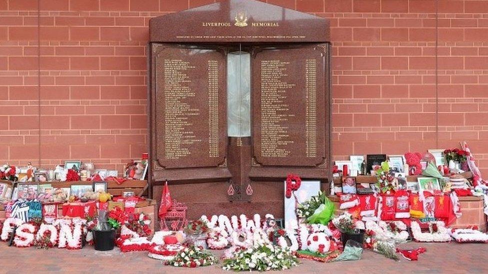 Flowers and tributes left at the Hillsborough Memorial