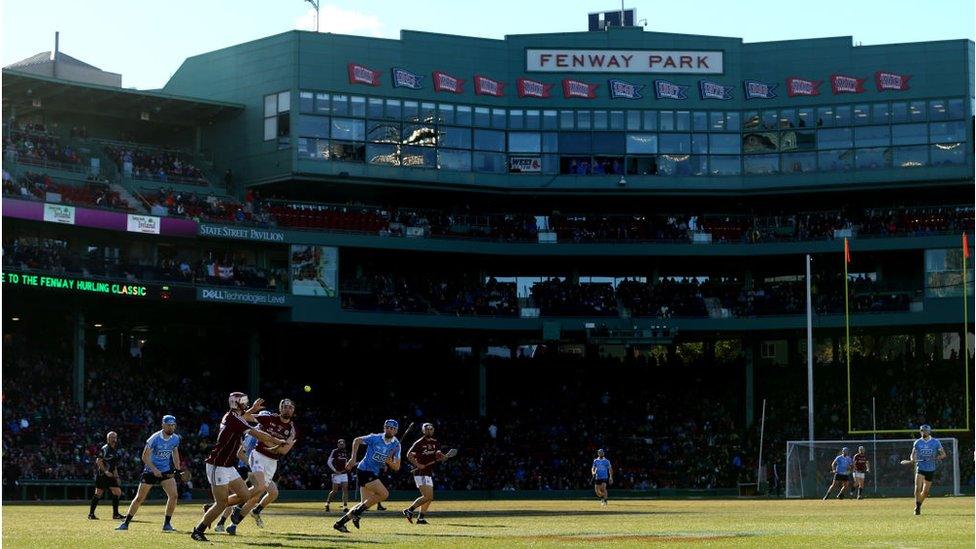 A view of the match between Dublin and Galway during the 2017 AIG Fenway Hurling Classic and Irish Festival at Fenway Park in 2017 in Boston