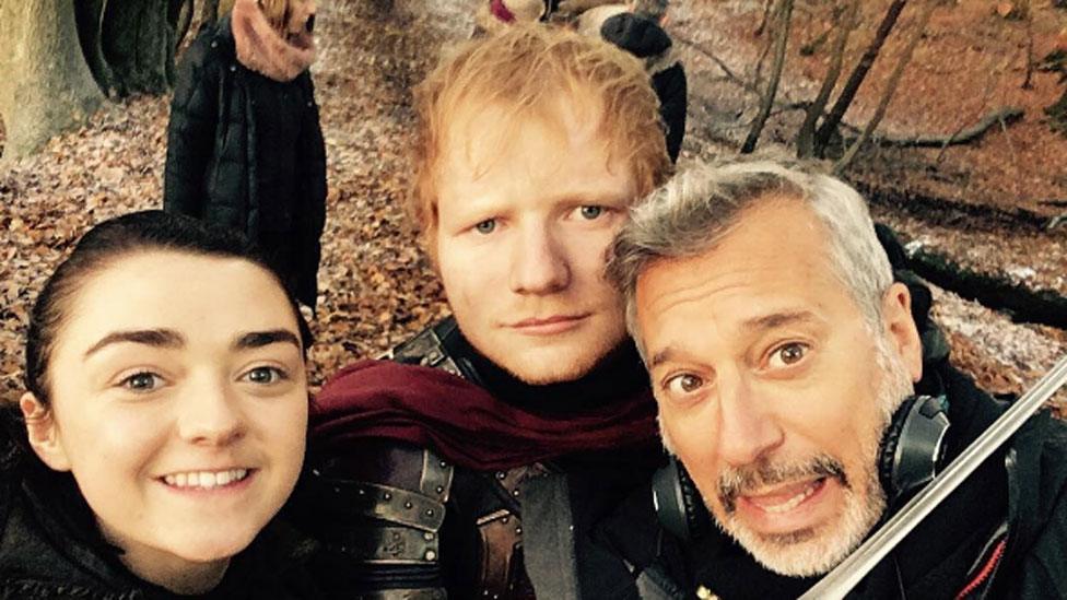 Ed Sheeran with Maisie Williams and Jeremy Podeswa