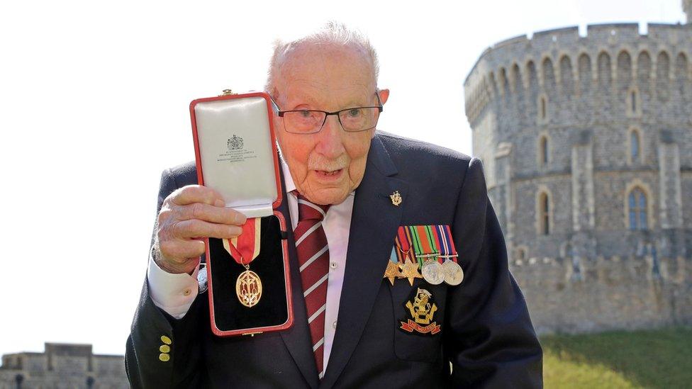 Captain Tom receives knighthood from Britain"s Queen Elizabeth at Windsor Castle