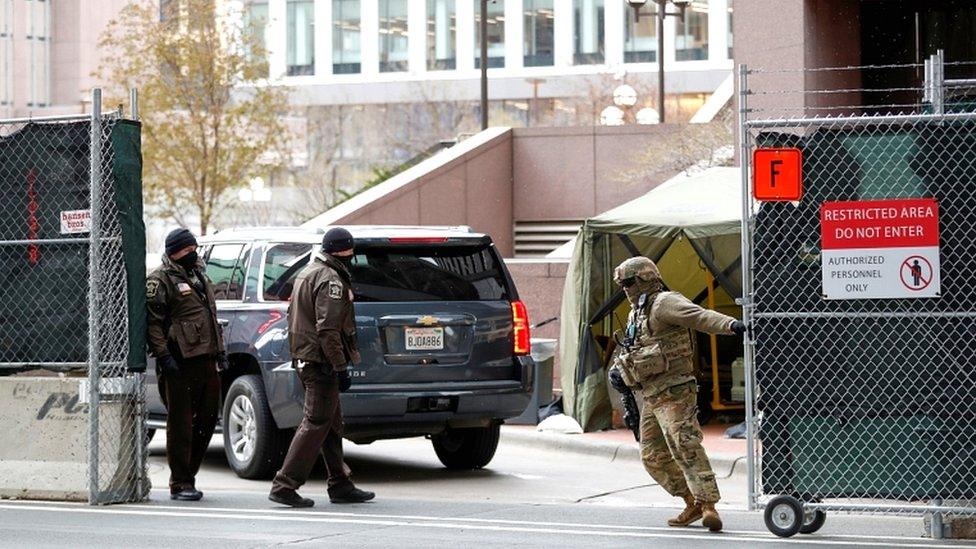 Hennepin County Sheriff Deputies and the US Army National Guard help secure the Hennepin County Government Center during closing arguments for former Minneapolis Police officer Derek Chauvin"s murder trial at the Hennepin County Government Center, in Minneapolis, US, on 19 April 2021