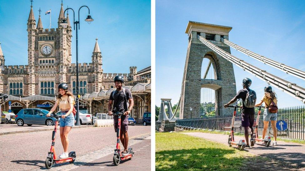 Woman and man using scooters in Bristol