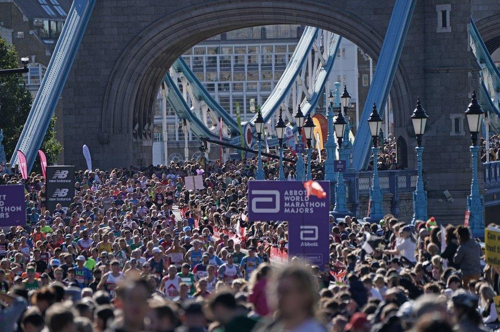 London Marathon runners at Tower Bridge