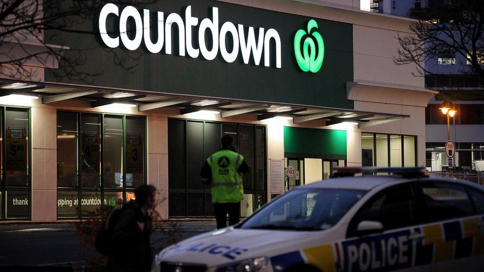 A police car is observed blocking an entrance to the Dunedin Central Countdown on May 10, 2021 in Dunedin, New Zealand.