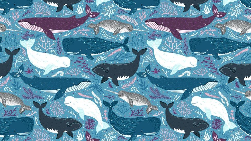 Vector seamless pattern with whales. Repeated texture with marine mammals: narwhal, blue whale, beluga whale, white whale and sperm whale. Blue sea background with animals.