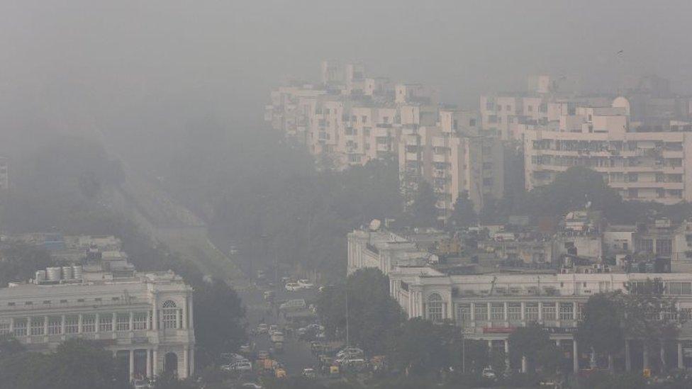 An aerial view of the Connaught Place area of New Delhi, India, as it is surrounded by smog on 08 December 2015.