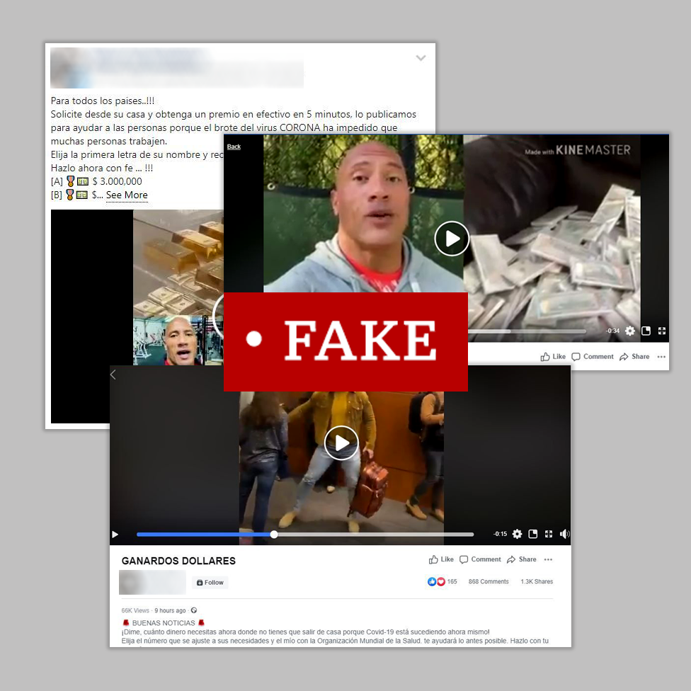 Three screenshots of Facebook posts including videos of actor Dwayne Johnson offering cash prizes. Labelled "fake"