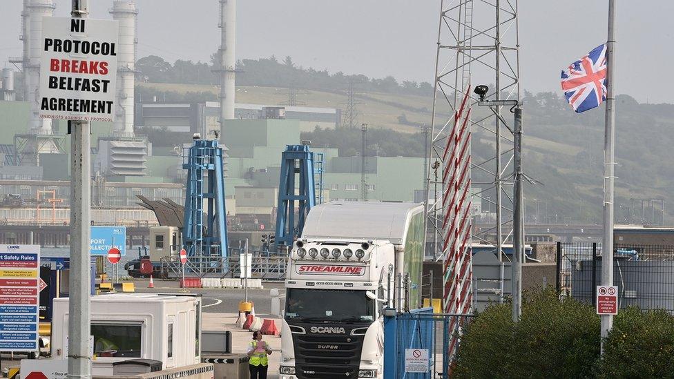 An anti-Irish sea border poster at Larne harbour