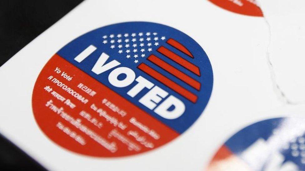 'I Voted' stickers lay out at a voting center at Victory Park in Pasadena, California