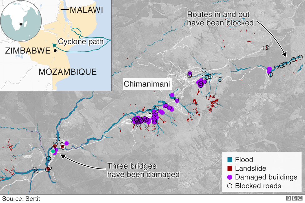 Map showing flooding in Chimanimani, Zimbabwe