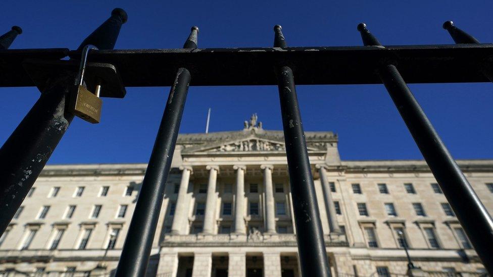 A lock on a gate outside of Stormont Buildings