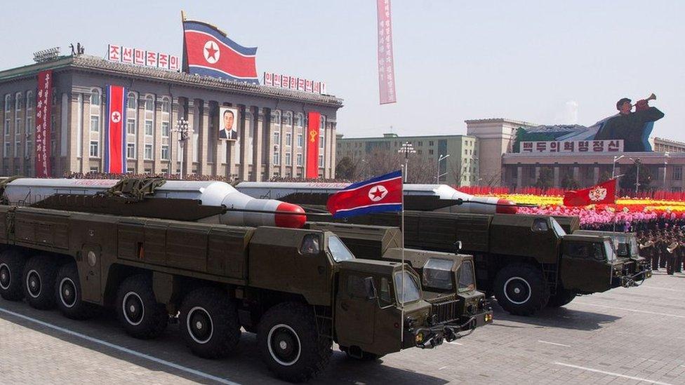 This file photo taken on April 15, 2012 shows Musudan-class missiles being displayed during a military parade