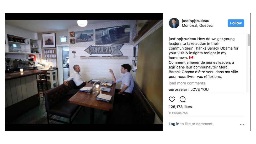 Trudeau posted on Instagram about his dinner with Obama