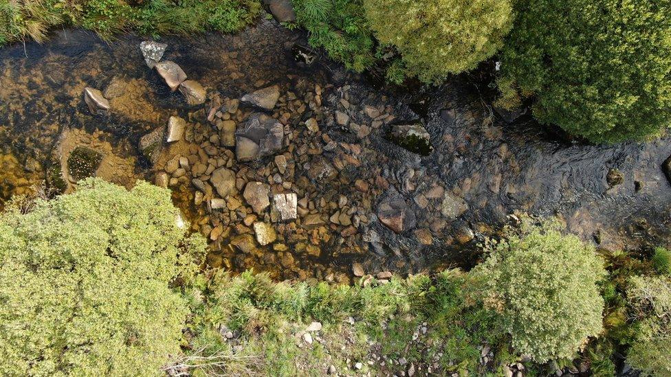 Aerial view of restored river with boulders to create mussel habitat