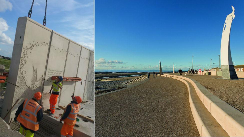 The concrete sea wall being installed and a 10 metre aluminium beacon featuring the Sea Swallows at Cleveleys