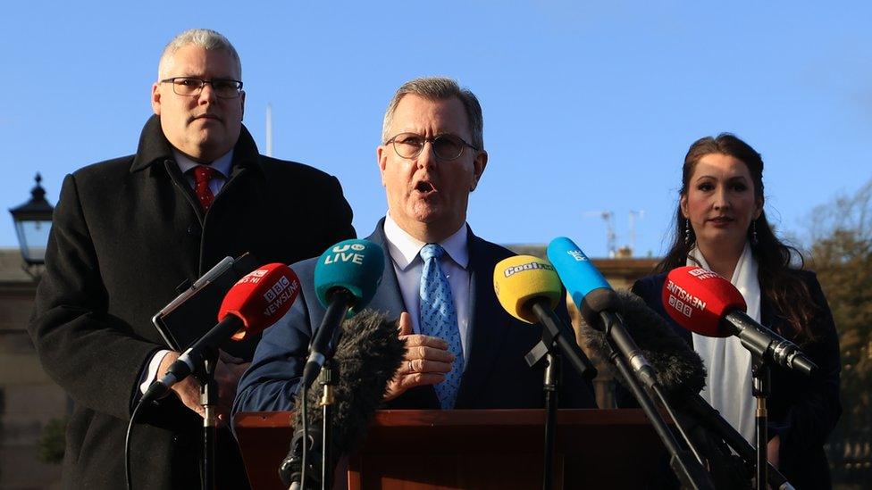 DUP leader Sir Jeffrey Donaldson speaks to the media outside Hillsborough Castle where political parties have reconvened for more talks with and the Government on a financial package for the region.