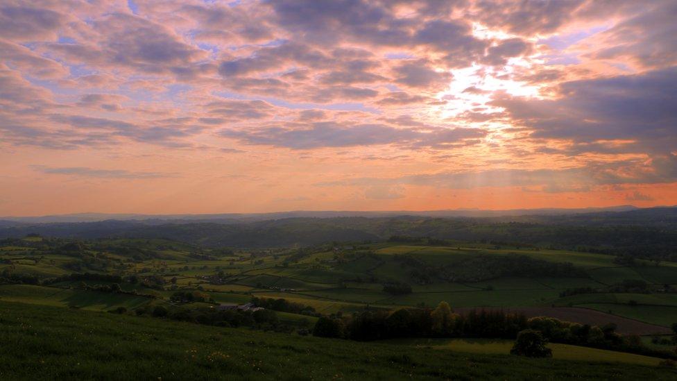 Sunset view from the war memorial in Montgomery, Powys