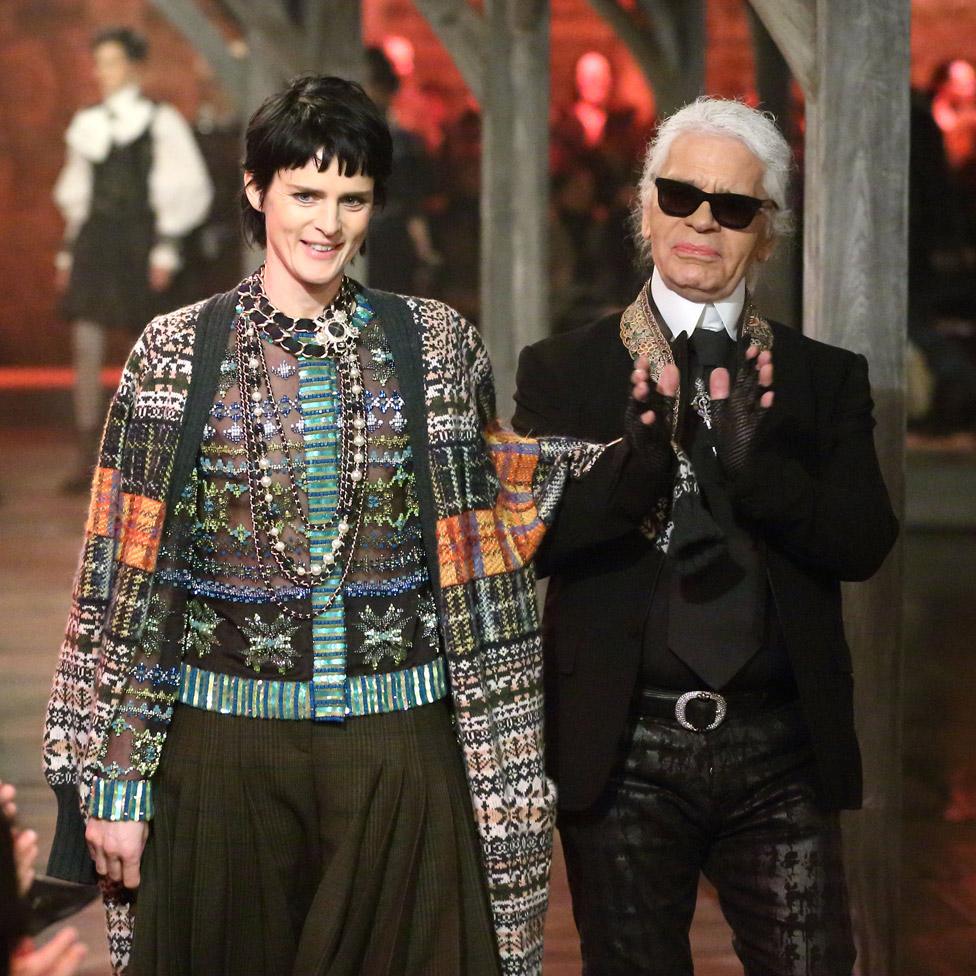 Stella Tennant and Karl Lagerfeld walk the runway at the Chanel: Metiers d'Art fashion show at Linlithgow Palace on 4 December, 2012 in Linlithgow, Scotland