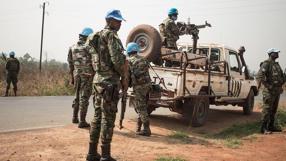 Rwandan UN peacekeepers at check-points on the road from Bangui to Damara, on January 23, 2021