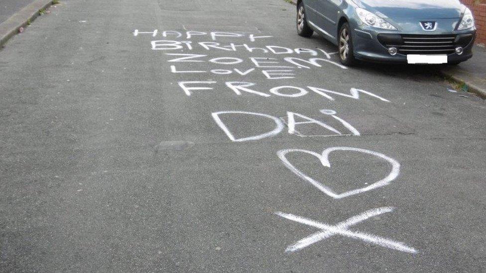 Birthday greeting painted on street