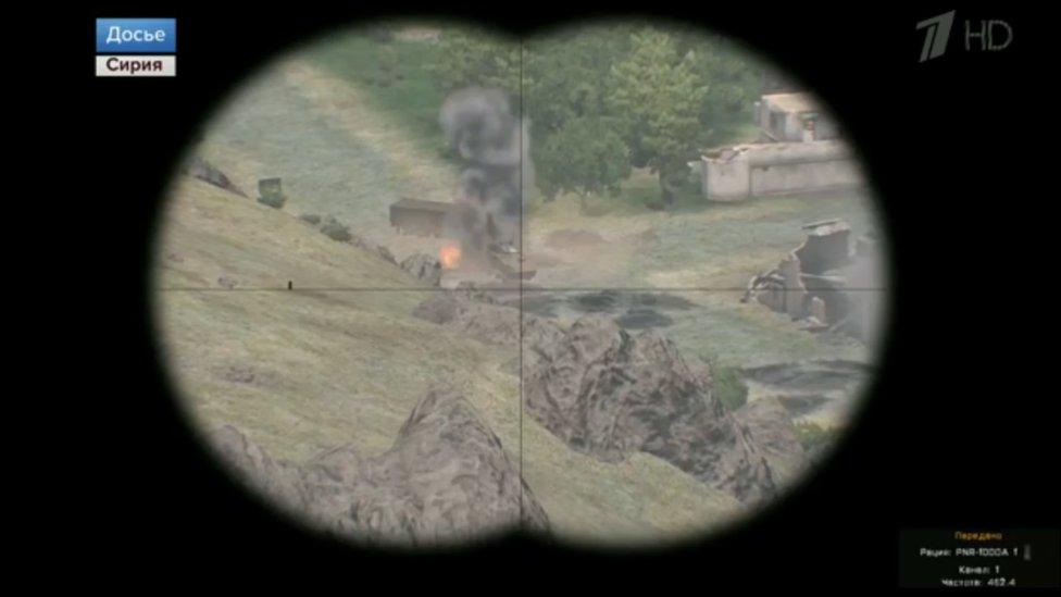 Gun-sight footage from the Arma-3 video game as seen on Russia's Channel One