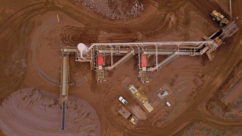 The crusher, where the stone is broken down before getting milled, is shown at the Mountain Pass Mine on May 30, 2019 in Mountain Pass, California