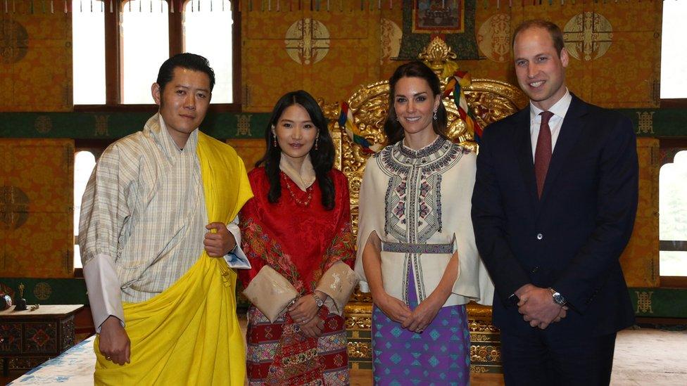 Prince William, Duke of Cambridge, and Catherine, Duchess of Cambridge, pose with King Jigme Khesar Namgyel Wangchuck and Queen Jetsun Pema