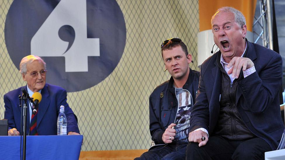 Nicholas Parsons, BBC Radio 1 DJ Scott Mills and Gyles Brandreth surprise the punters on Edinburgh's Royal Mile with an open air edition of Just A Minute on 15 August 2010