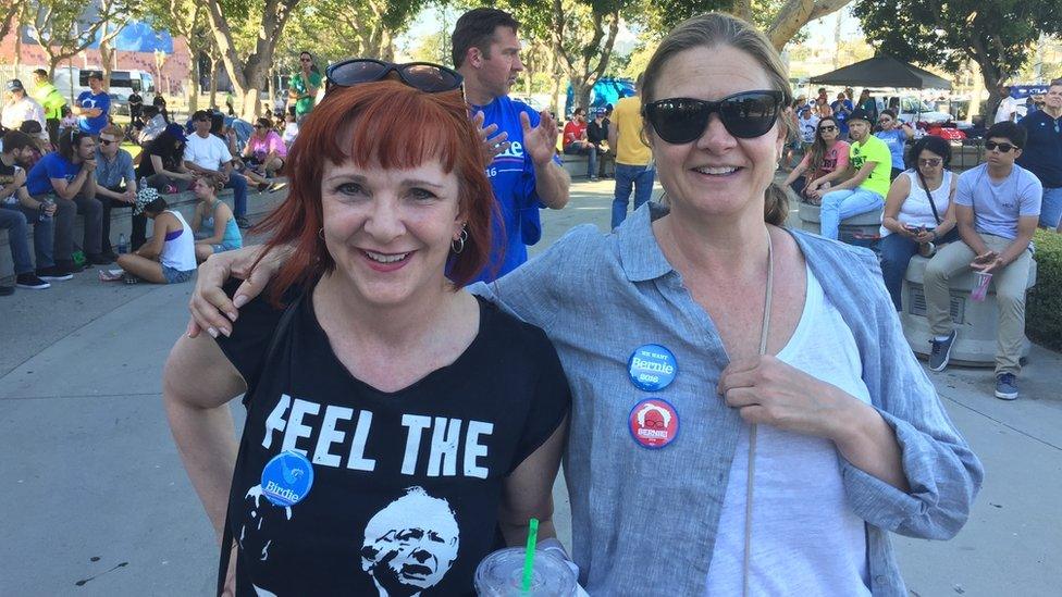 Anna Little and Lynette Gracey were among the estimated crowd of 14,000 at the Bernie Sanders rally by the Los Angeles Coliseum.