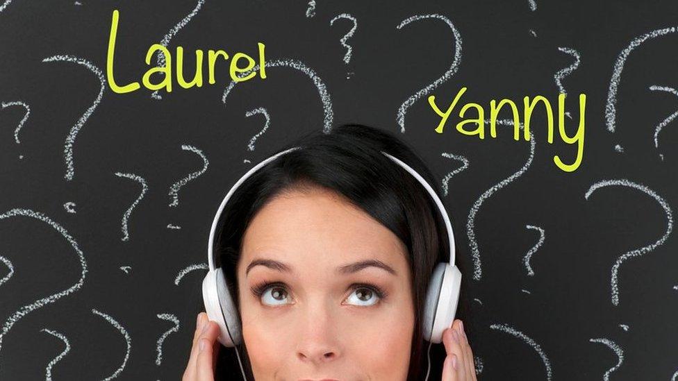 Woman's head with words Laurel and Yanny