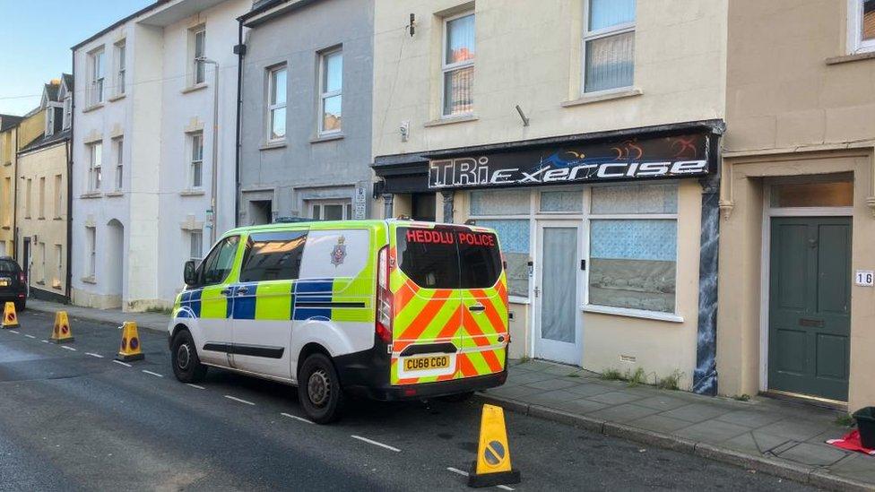 A police van outside Tri Exercise in Haverfordwest