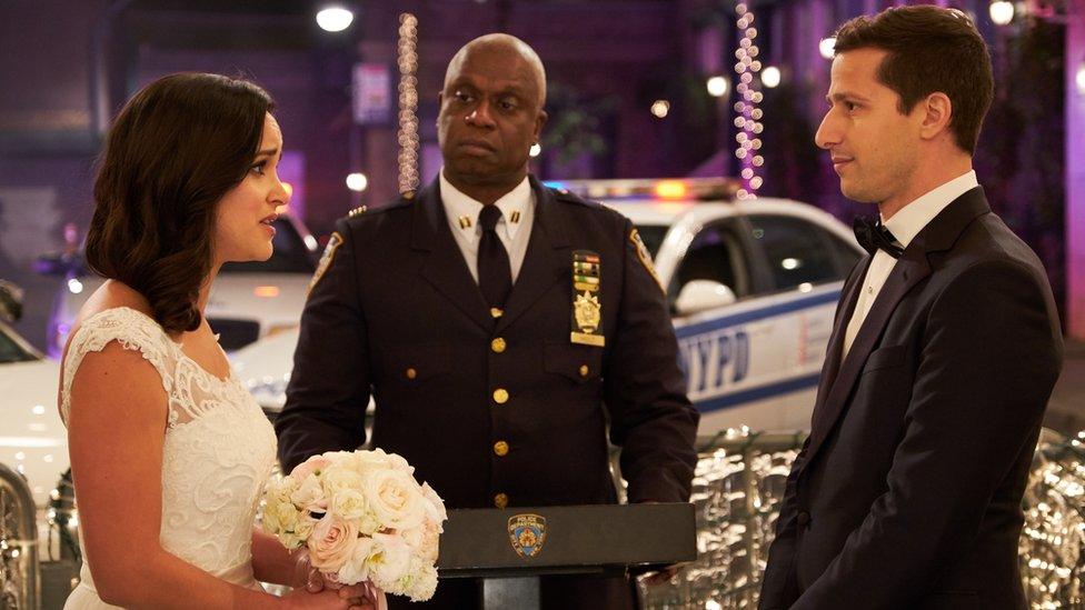 Melissa Fumero, Andre Braugher and Andy Samberg in the Jake & Amy season finale episode of Brooklyn Nine-Nine