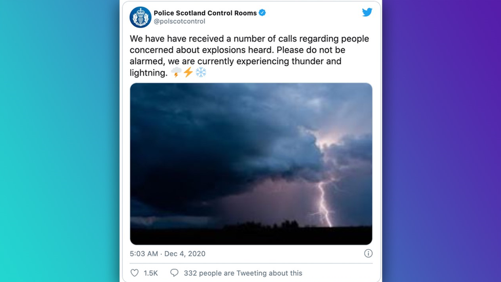 Police Scotland Control Rooms tweet reassuring people the noises were thunderstorms.