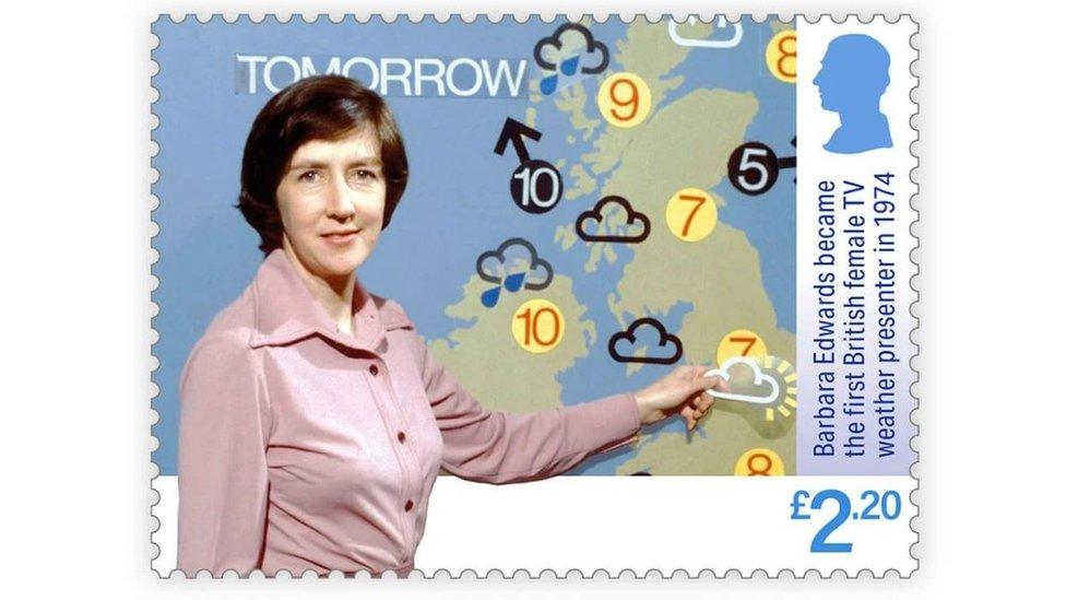 Stamp showing Barbara Edwards, the first British female TV weather presenter.