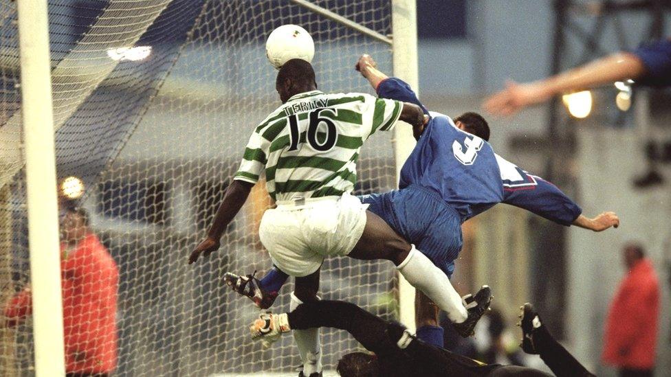 Oliver Tebily scores for Celtic against Cwmbran in a 1999 Uefa Cup match