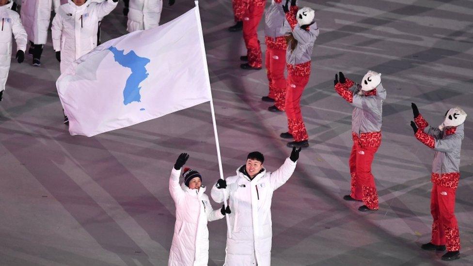 The nations marched under the unified lag at the opening of the Winter Olympics