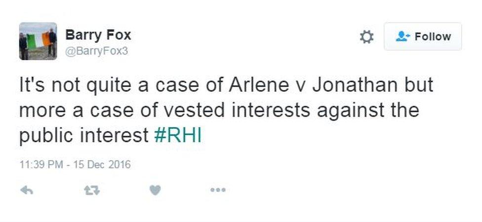 Barry Fox tweet: It's not quite a case of Arlene v Jonathan but more a case of vested interests against the public interest #RHI